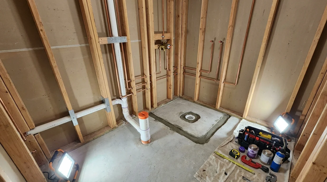 Bathroom rough-in plumbing during remodel by Johns Plumbing LLC in Merchantville