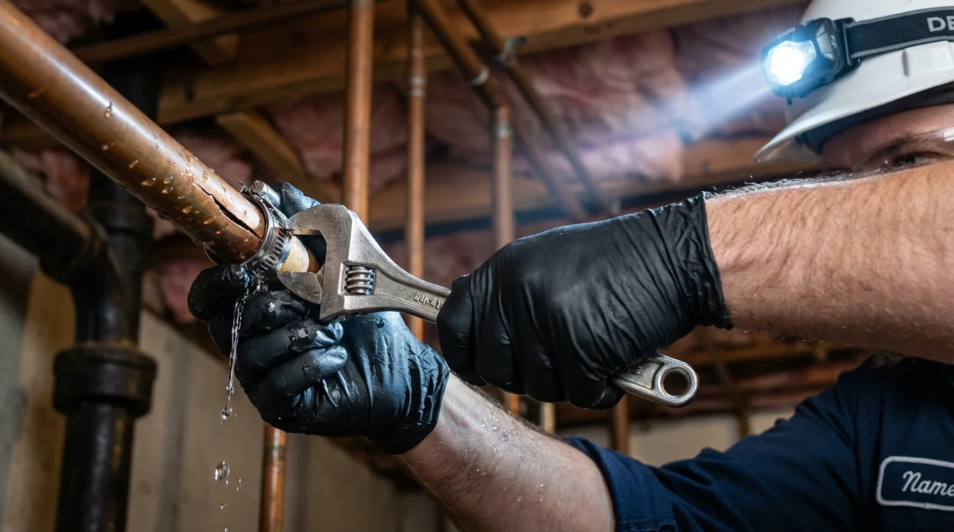 Emergency pipe clamp repair being performed by a Johns Plumbing LLC plumber in Merchantville