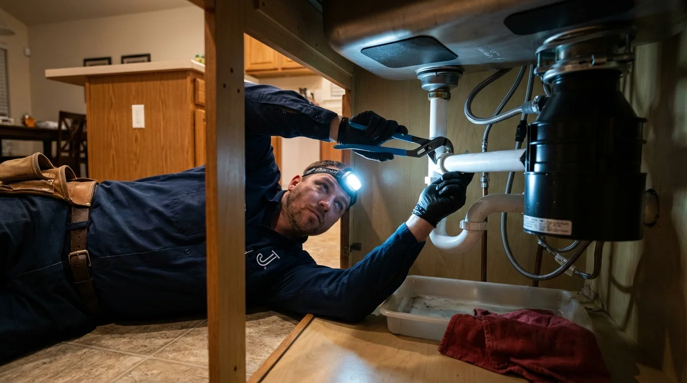 P-trap and supply line connections under a kitchen sink showing a common leak point in Merchantville, NJ